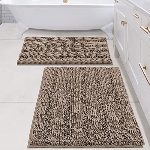 H.VERSAILTEX 2 Piece Bathroom Set - Super Absorbent Chenille Striped Bath Mats, Non Skid, Machine Washable (Taupe Brown, 24 x 36 Plus 20 x 32 - Inches)