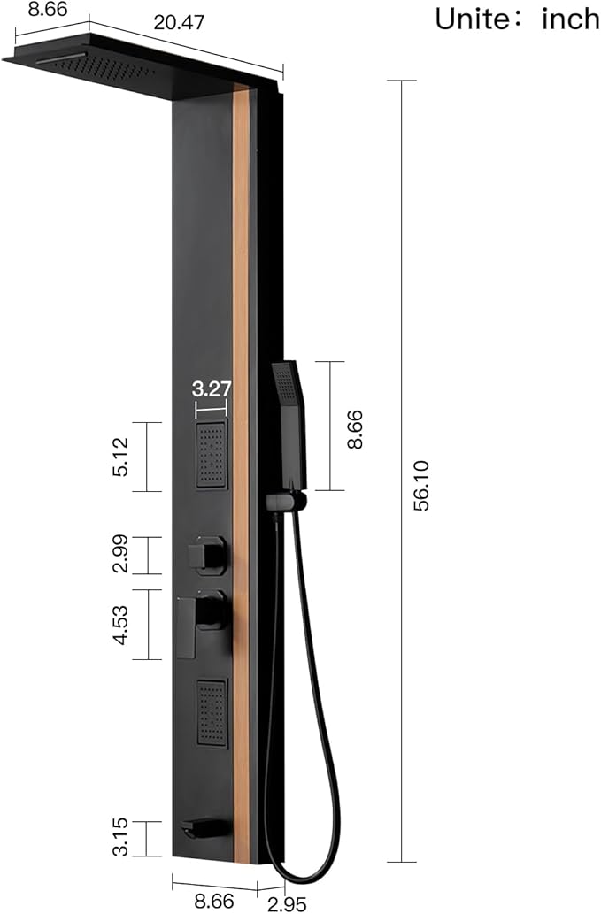 BWE Shower Tower Bathroom Shower Panel System Stainless Steel Multi-Function Shower Panel with Rainfall Waterfall Shower Head Massage Jets Tub Spout, Black