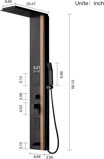 BWE Shower Tower Bathroom Shower Panel System Stainless Steel Multi-Function Shower Panel with Rainfall Waterfall Shower Head Massage Jets Tub Spout, Black