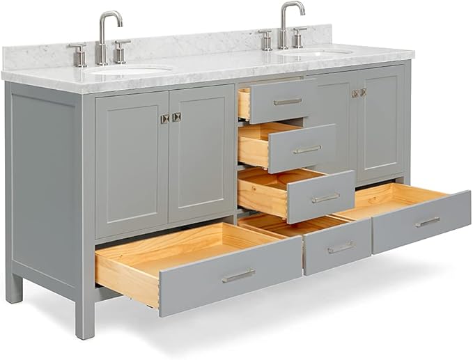 ARIEL Cambridge 72-inch Bathroom Vanity with Sink,Solid Wood, 1.5-inch Italian Carrara Marble Countertop & Backsplash, Double Oval Porcelain Sink, 4 Soft Closing Doors, 6 Dovetail Drawers, Grey