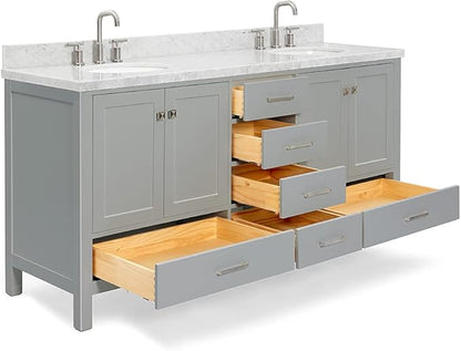 ARIEL Cambridge 72-inch Bathroom Vanity with Sink,Solid Wood, 1.5-inch Italian Carrara Marble Countertop & Backsplash, Double Oval Porcelain Sink, 4 Soft Closing Doors, 6 Dovetail Drawers, Grey