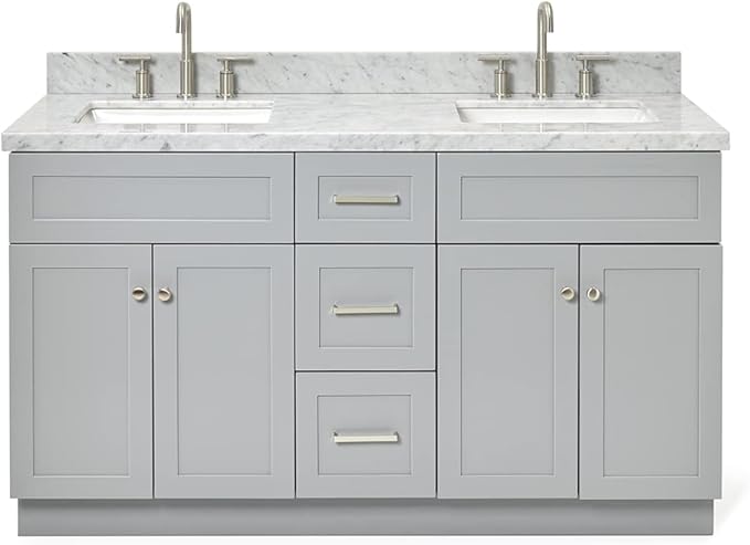 ARIEL Hamlet 60-inch Bathroom Vanity with Sink,Solid Wood, 1.5-inch Italian Carrara Marble Countertop & Backsplash, Double Rectangular Porcelain Sink, 4 Soft Closing Doors, 3 Dovetail Drawers, Grey
