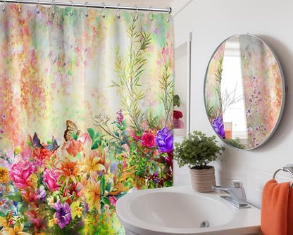 Floral Shower Curtain Colorful Wildflower Flower Butterfly Spring Summer Bathroom Decor, Waterproof Cloth Fabric with Hooks 70" Wx96 L