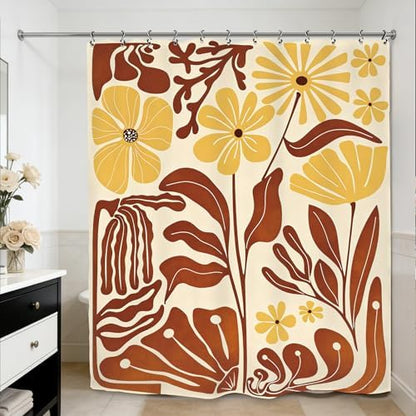 Matisse Flower Terracotta Shower Curtain 60Wx72L Inch Abstract Retro Aesthetic Minimalist Vintage Art 70s Brown Yellow Bathroom Set Accessories Decor with 12 Pack Hooks