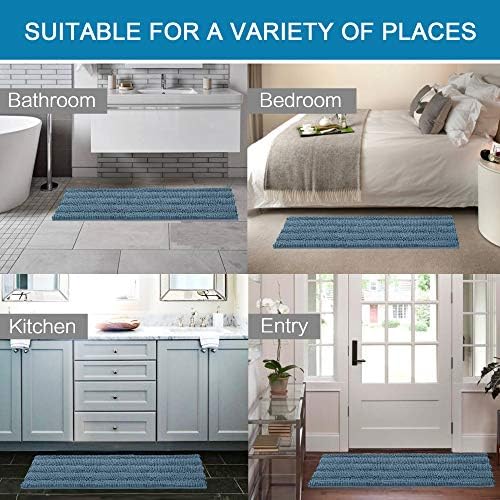 H.VERSAILTEX Bath Rugs for Bathroom Washable Non Slip Extra Thick Chenille Striped Bath Mat Rug Runners 47" x 17" Absorbent Fluffy Soft Shaggy Mats Plush Area Carpet for Bath Room, Tub - Stone Blue