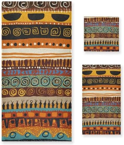 Naanle Ethnic African Stripes Pattern Soft Decorative Set of 3 Towels, 1 Bath Towel+1 Hand Towel+1 Washcloth, Multipurpose for Bathroom, Hotel, Gym, Spa and Beach
