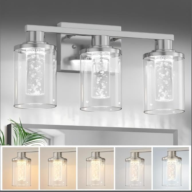 L LOHAS LED 3-Light Bathroom Vanity Light, Nickel, 5CCT, Remote Control | 5CCT Dimmable Acrylic Bathroom Light Fixtures with Clear Glass Shades and Remote Control