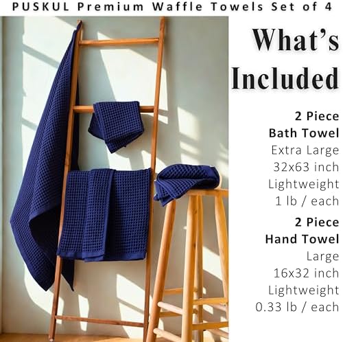 PÜSKÜL Natural 100% Turkish Cotton Waffle Towels Set of 4-Piece, Navy Blue