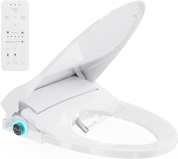 Electric Bidet Toilet Seat Elongated with Dryer – Smart Bidet Seat with Heated Seat,Warm Water Wash,Energy Saving Mode,Wireless Remote,Slow-Close Lid & Night Light