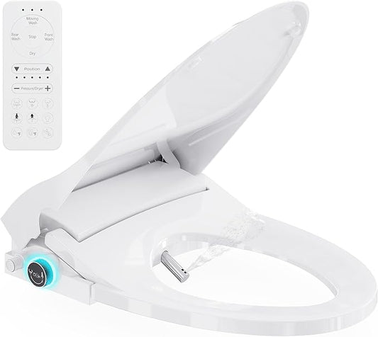Electric Bidet Toilet Seat Elongated with Dryer – Smart Bidet Seat with Heated Seat,Warm Water Wash,Energy Saving Mode,Wireless Remote,Slow-Close Lid & Night Light