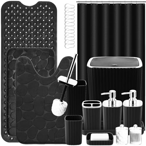 XLHOMO 26PC Bathroom Accessories Set - Gorgeous Black Bathroom Set, Bathroom Accessory Set, Black Shower Curtain Set with Bathtub Mats for Shower Tub