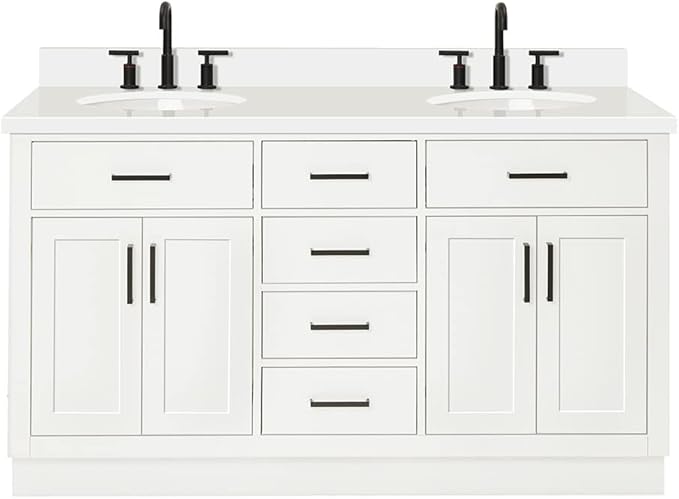 ARIEL Hepburn 60-inch Bathroom Vanity with Sink,Solid Wood, 1.5-inch Pure White Quartz Countertop & Backsplash, Double Oval Porcelain Sink, 4 Soft Closing Doors, 6 Dovetail Drawers, White