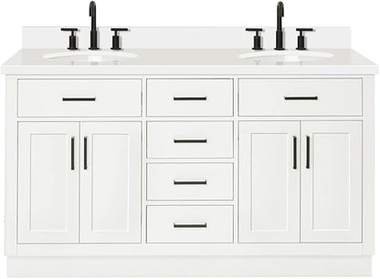 ARIEL Hepburn 60-inch Bathroom Vanity with Sink,Solid Wood, 1.5-inch Pure White Quartz Countertop & Backsplash, Double Oval Porcelain Sink, 4 Soft Closing Doors, 6 Dovetail Drawers, White
