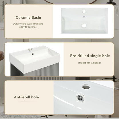 22" Small Bathroom Vanity with Sink, Floating Vanity for Bathrooms with Soft-Close Door and Open Shelf, Wall Mounted Narrow Bathroom Vanities for Compact Bathrooms (Gray,22" Floating Left Shelf)