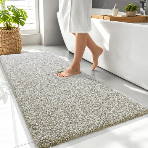 OLANLY Microfiber Bathroom Rugs 47x24, Quick Dry Mat, Moss Green and White
