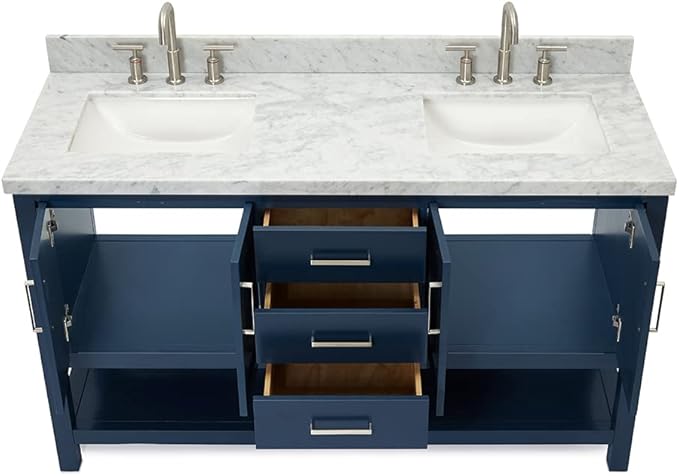ARIEL Magnolia 60-inch Bathroom Vanity with Sink,Solid Wood, 1.5-inch Italian Carrara Marble Countertop, Double Rectangular Porcelain Sink, 4 Soft Closing Doors, 3 Dovetail Drawers, Midnight Blue