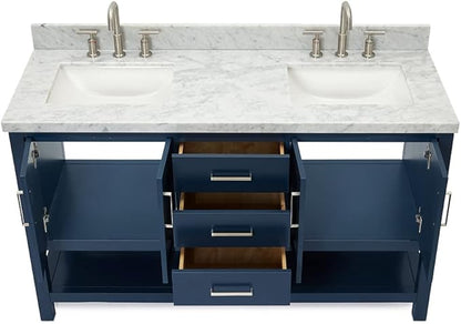 ARIEL Magnolia 60-inch Bathroom Vanity with Sink,Solid Wood, 1.5-inch Italian Carrara Marble Countertop, Double Rectangular Porcelain Sink, 4 Soft Closing Doors, 3 Dovetail Drawers, Midnight Blue
