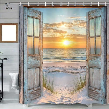 Beach Coastal Shower Curtain, Ocean Barn Door Nautical Sunrise Seaside Seascape Wave Decor Bath Curtains, Rustic Wood Teal Turquoise Bathroom Accessories Fabric Waterproof with Hooks, 72X72in