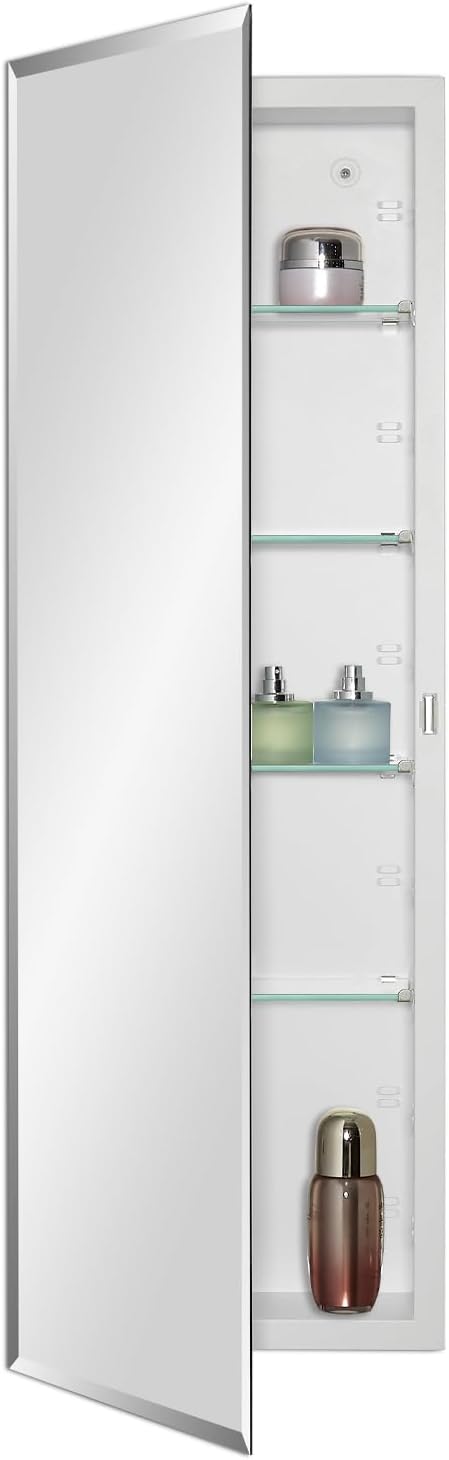 IDYLLOR Bathroom Medicine Cabinet with Beveled Edge Mirrored Door 12 x 36 inch, Recessed or Surface Mount, with Adjustable Glass Shelves