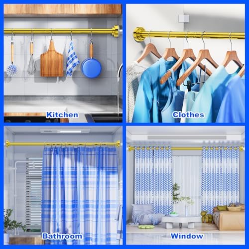 Ausemku Shower Curtain Rod - 32-43 Inch Rustproof Tension Rod, Non-Slip Spring Design, No Drilling Adjustable Curtain Rod for Bathroom, Kitchen, and Closet（Gold）