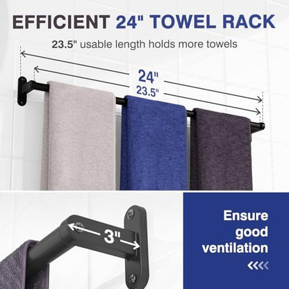 Powools Matte Black 24" Towel Rack, Rustproof Wall Mounted Towel Bar
