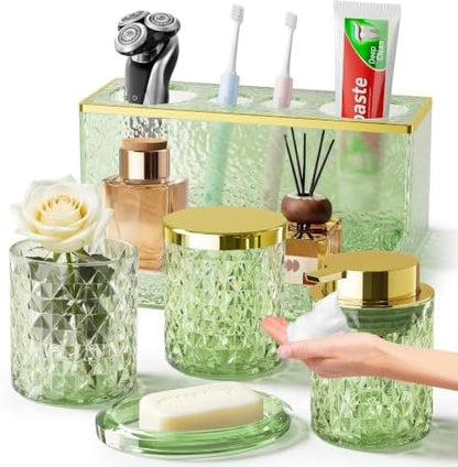 Green Bathroom Accessories Set 5Pcs Crystal Glass, Foaming Soap Dispenser with Rust Pump, Soap Dish, Cup, Acrylic Toothbrush Holder with Tray Organizer, Cotton Swab Jar, Bathroom Counter Decor
