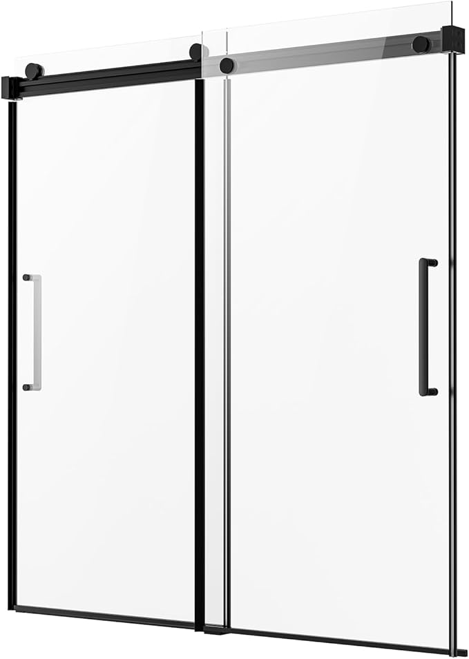 VEVOR Frameless Sliding Bathtub Door, 56-60" W x 60" H, Frameless Shower Glass Door, Frameless Double Sliding Tub Door with 5/16 in Clear Tempered Glass and Stainless Steel Handle, Black