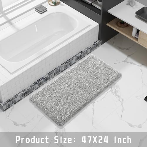 Yimobra Long Bathroom Rug 47" X 24", Super Absorbent Bath Mat, Quick Dry, Luxury Non-Slip Bath Rugs for Tub Side, Double Sink Vanity, Machine Washable, Home Decor Accessories, Light Gray and White