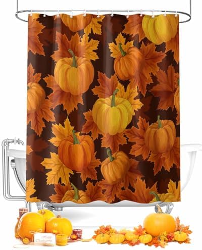 Shower Curtain Bathroom Set Thanksgiving Pumpkin Fall Orange Maple Leaf Waterproof Shower Curtains with Grommets Hooks Autumn Watercolor Leaves Privacy Bath Curtain for Bathtub Decor 60x72in