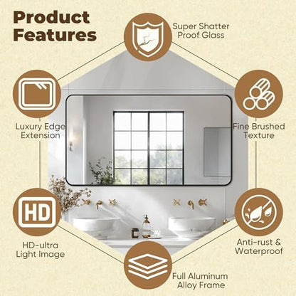 Antok 60x30 Black Metal Framed Bathroom Mirror, Wall Mirror with Round Corners, Vanity Mirror for Over Sink, Anti-Rust Tempered Glass, Horizontal/Vertical Hanging for Bathroom, Living Room, Entryway