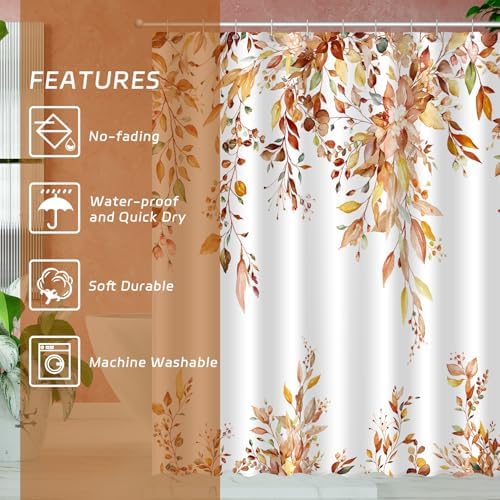 Fall Eucalyptus Leaves Shower Curtain, Autumn Aesthetic Art Watercolor Plant Leaf with Floral Bathroom Decor, Waterproof Fabric Cloth Bath Curtain Set with Hooks (Brown-Orange, 72" W x 72" L)