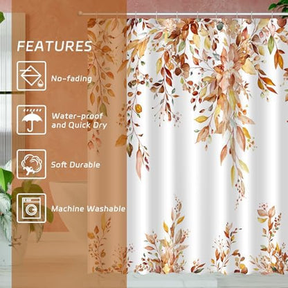 Fall Eucalyptus Leaves Shower Curtain, Autumn Aesthetic Art Watercolor Plant Leaf with Floral Bathroom Decor, Waterproof Fabric Cloth Bath Curtain Set with Hooks (Brown-Orange, 72" W x 72" L)
