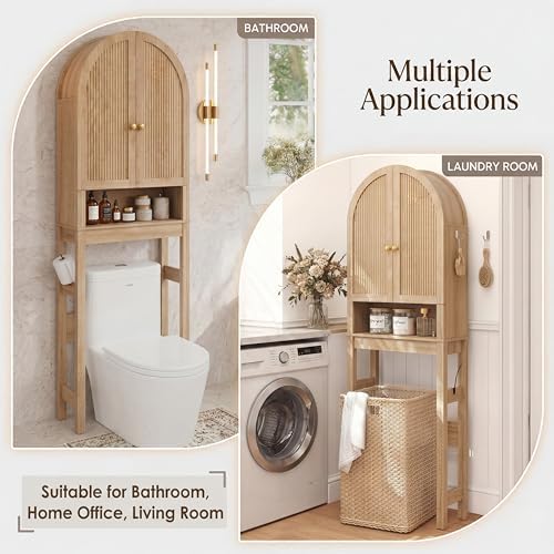 HMstone Over The Toilet Storage Cabinet, Arched Bathroom Organizer and Storage with Doors and Adjustable Shelf, Space-Saving Freestanding Bathroom Modern Storage Cabinet Over Toilet (Natural)