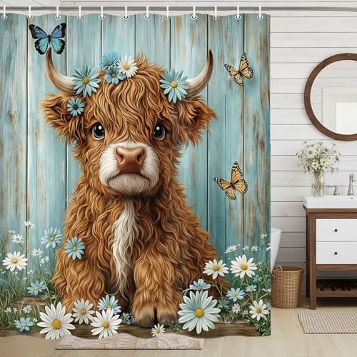 Cow Shower Curtain, Farmhouse Rustic Floral Daisy Funny Highland Cow Shower Curtains for Bathroom, Cute Calf Country Farm Animal Bathroom Decor with Hooks, 60x72 inch