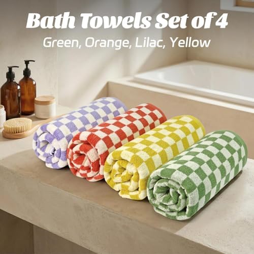 Checkered Bath Towels Set of 4 - Cotton Towels for Bathroom, Beach, Pool