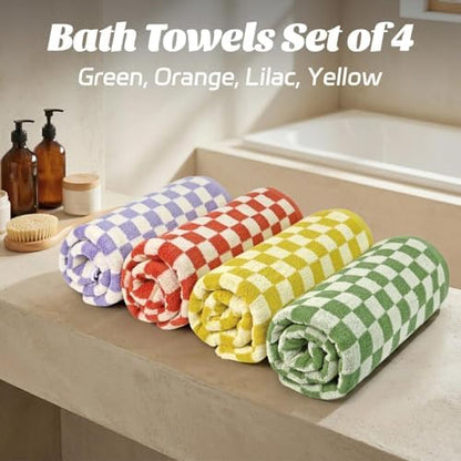 Checkered Bath Towels Set of 4 - Cotton Towels for Bathroom, Beach, Pool