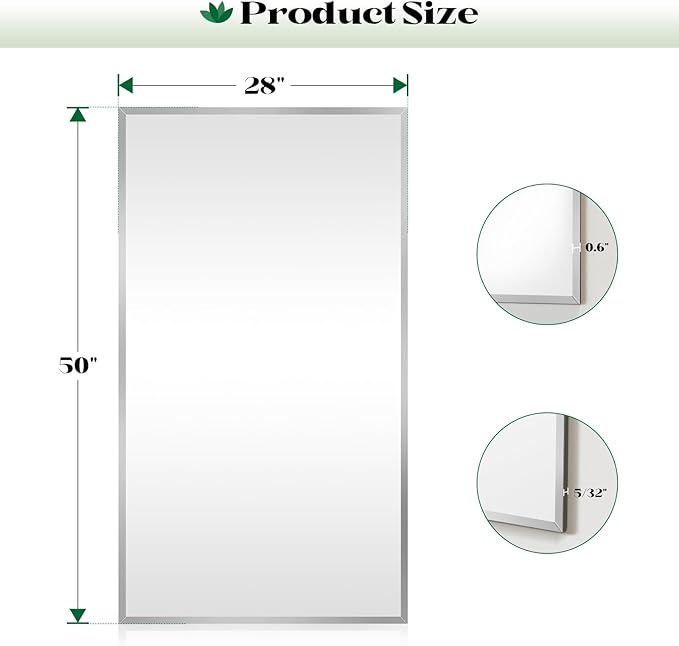 Bathroom Frameless Beveled Wall Mirror, 28"x50" Frameless Rectangle Large Wall Mirror for Over Sink, Vanity Mirrors for Entryway, Living Room, Dinging Room, Hangs Horizontally or Vertically