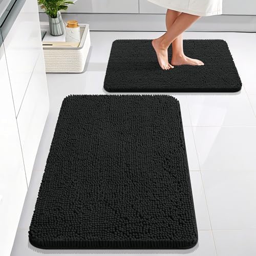 OLANLY Chenille Bathroom Rugs Mats Sets 2 Piece, 30"x20"+24"x16", Black