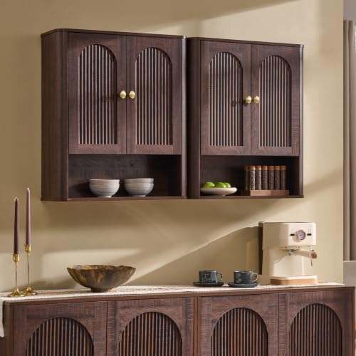 Bathroom Fluted Arched Wall Cabinet Set 2, 23.6''W Medicine Cabinet, Brown