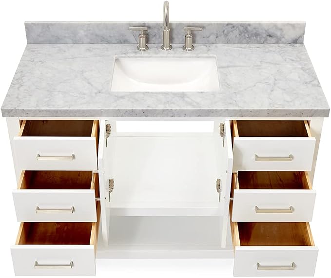 Olivia 48-Inch White Bathroom Vanity with Sink, 1.5" Edge Italian Carrara Marble Countertop & Backsplash, Rectangular Undermount Sink, 2 Soft Closing Doors, 6 Dovetail Drawers, Brushed Nickel