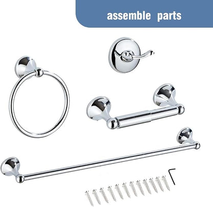 Classic Bathroom Hardware 4-piece Set,Chrome | Wall Mounted,Stainless Steel and Zinc material,Including Towel Bar,Towel Ring,Toilet Paper Holder,Robe Hook