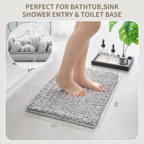 Bathroom Rugs Non Slip Washable, Extra Thick Soft Chenille Absorbent Bath Mat, High Density Barrier Non Slip Backing, Quick Dry Plush Shaggy Floor Carpet for Tub&Shower 24x17, Silver