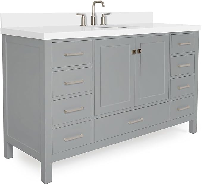 ARIEL Cambridge 60-inch Bathroom Vanity with Sink,Solid Wood, 1.5-inch Pure White Quartz Countertop & Backsplash, Single Rectangular Porcelain Sink, 2 Soft Closing Doors, 9 Dovetail Drawers, Grey