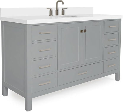 ARIEL Cambridge 60-inch Bathroom Vanity with Sink,Solid Wood, 1.5-inch Pure White Quartz Countertop & Backsplash, Single Rectangular Porcelain Sink, 2 Soft Closing Doors, 9 Dovetail Drawers, Grey