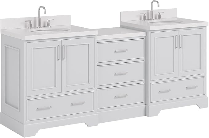 ARIEL Stafford 84-inch Bathroom Vanity with Sink,Solid Wood, 1.5in Pure White Quartz Countertop & Backsplash, Double Oval Porcelain Sink, 4 Soft Closing Doors, 5 Dovetail Drawers, Grey