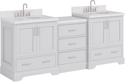 ARIEL Stafford 84-inch Bathroom Vanity with Sink,Solid Wood, 1.5in Pure White Quartz Countertop & Backsplash, Double Oval Porcelain Sink, 4 Soft Closing Doors, 5 Dovetail Drawers, Grey