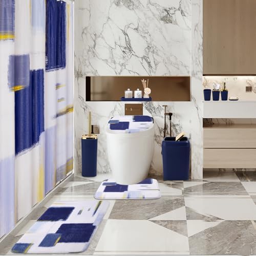 XLHOMO Bathroom Set - Navy Blue and Gold Bathroom Accessories Set, Bathroom Sets with Shower Curtain and Rugs, Blue Shower Curtain Set with Bathroom Trash Can, Soap Dispenser,Soap Dish for Home Decor