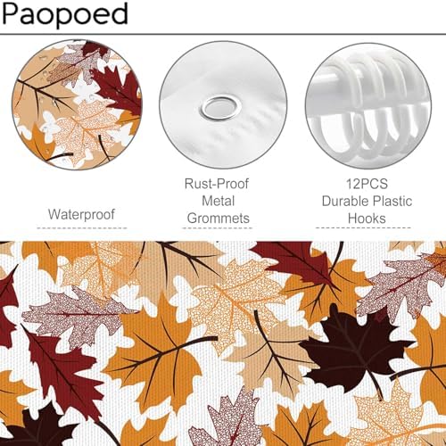 Fall Maple Leaf Shower Curtain, Autumn Thanksgiving Bathroom Decor, 72 x 72 Inch Polyester Fabric Waterproof Bathroom Curtain with 12 Hooks