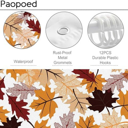 Fall Maple Leaf Shower Curtain, Autumn Thanksgiving Bathroom Decor, 72 x 72 Inch Polyester Fabric Waterproof Bathroom Curtain with 12 Hooks