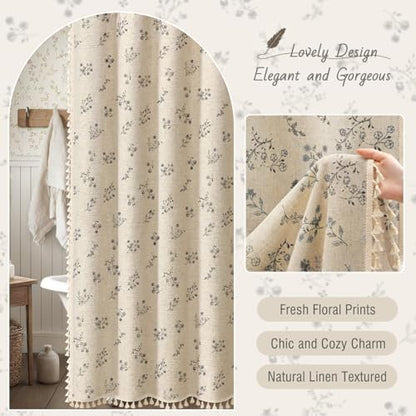 Black Floral Farmhouse Vintage Linen Shower Curtain with Tassel 72Wx72H
